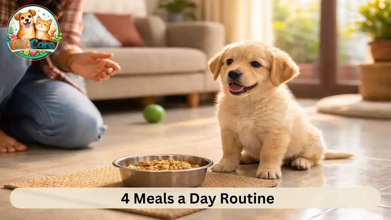 Playful young puppy waiting calmly near its food bowl in a tidy home setting.