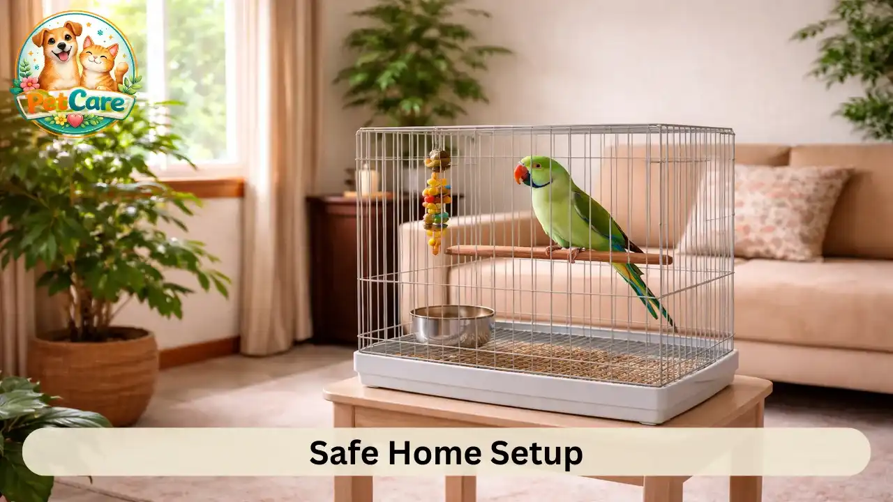 Properly placed parrot cage in a bright and comfortable home setting
