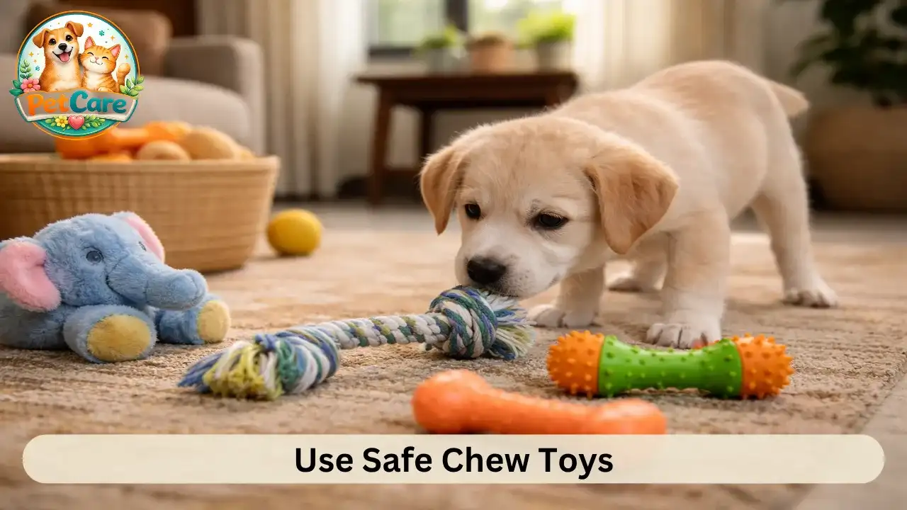Puppy selecting a chew toy from a few options placed on the floor at home