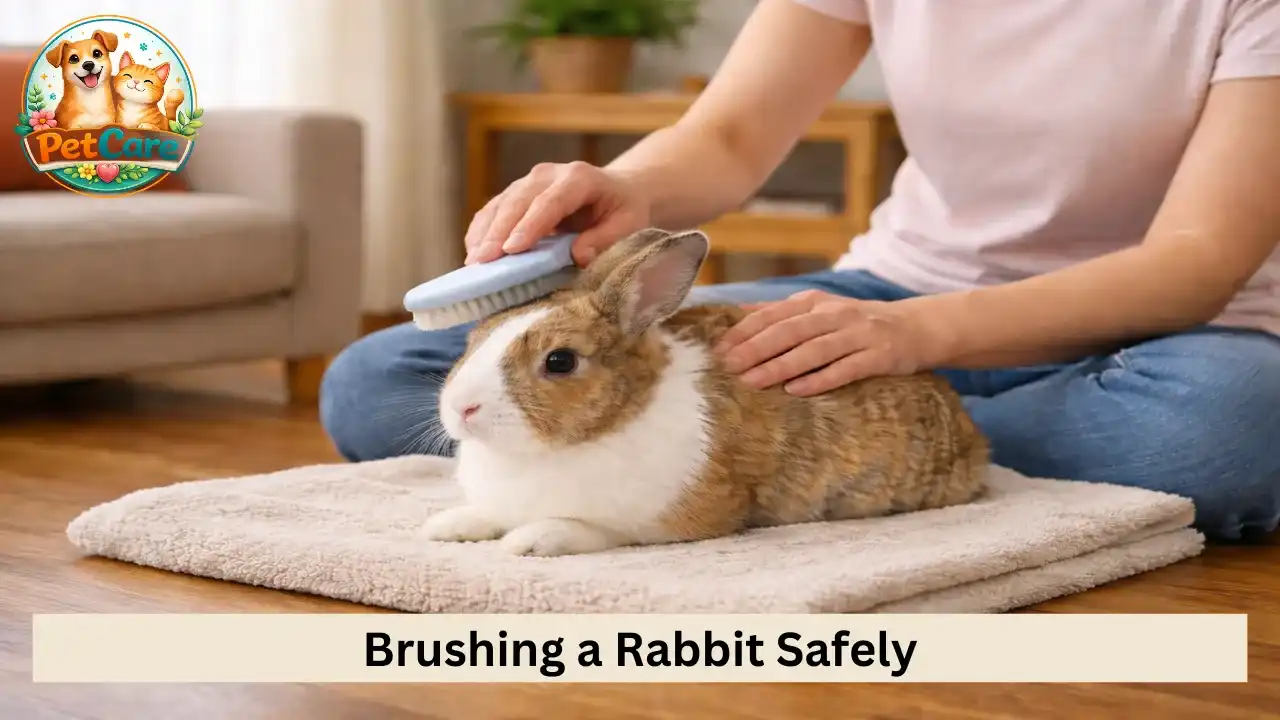 Rabbit sitting comfortably on a towel while its owner carefully brushes its coat.