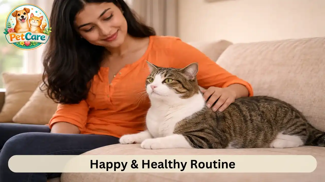 Relaxed cat sitting beside its owner in a cozy and well-lit home interior