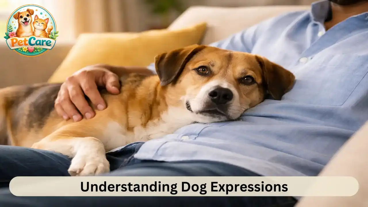 Relaxed dog resting beside its owner with calm eyes in a peaceful home setting