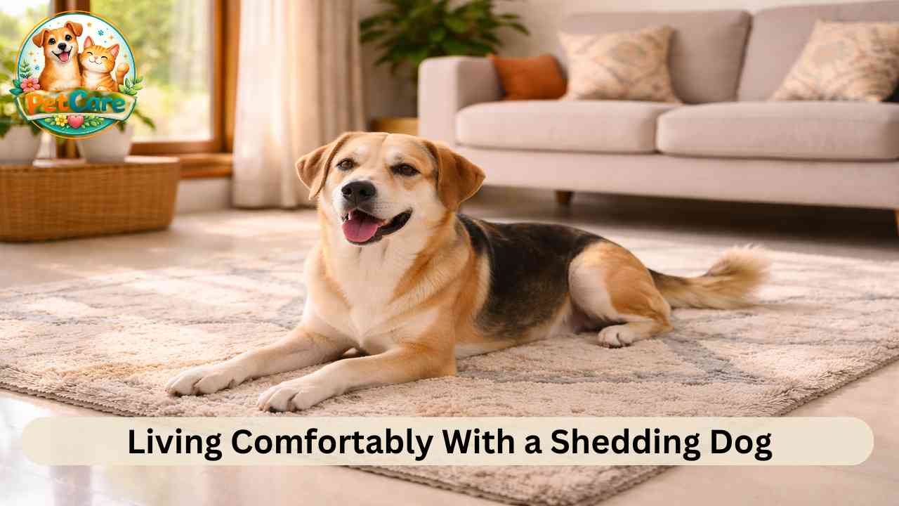 Relaxed dog resting on a clean rug inside a tidy home after regular grooming routine