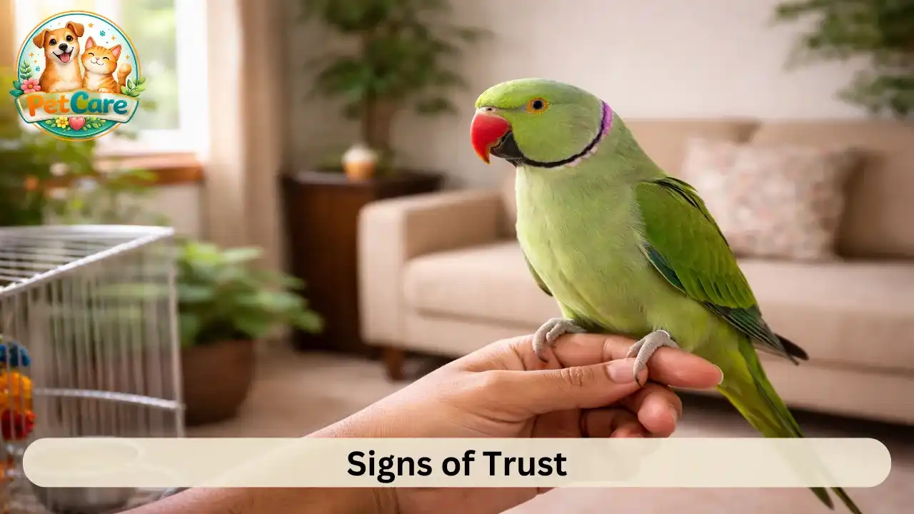 Relaxed parrot comfortably sitting outside cage showing friendly behavior