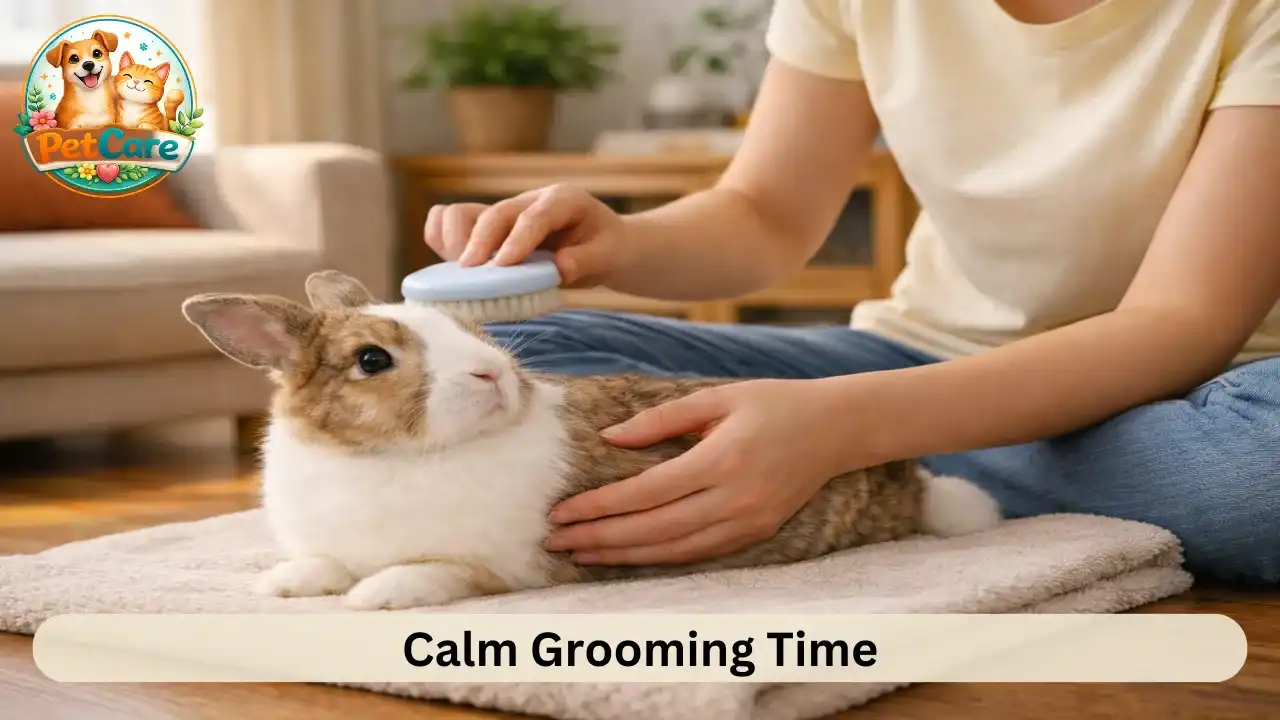 Relaxed rabbit being brushed gently by its owner in a quiet home setting.