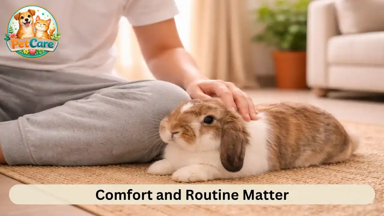 Relaxed rabbit sitting calmly beside its owner in a bright home setting.
