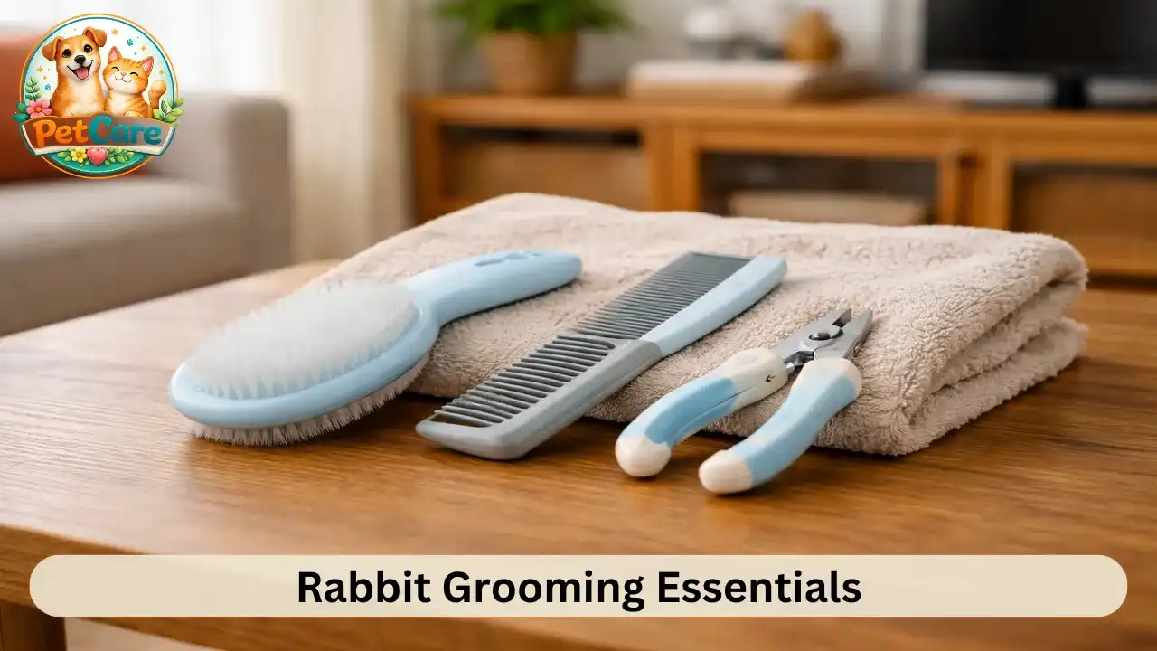 Simple grooming tools arranged on a table for routine care of a pet rabbit.