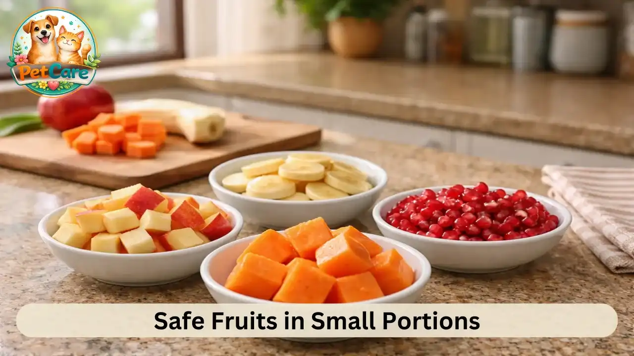Small bowls of freshly chopped apple, banana, papaya, and pomegranate prepared on a kitchen counter for a pet bird.