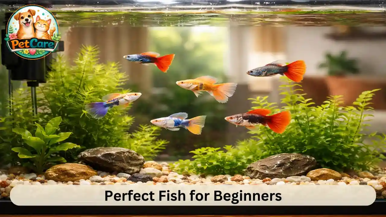 Small group of colorful guppy fish swimming actively in a planted freshwater aquarium.
