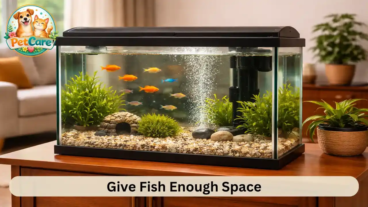 Spacious home aquarium with balanced number of fish and decorations