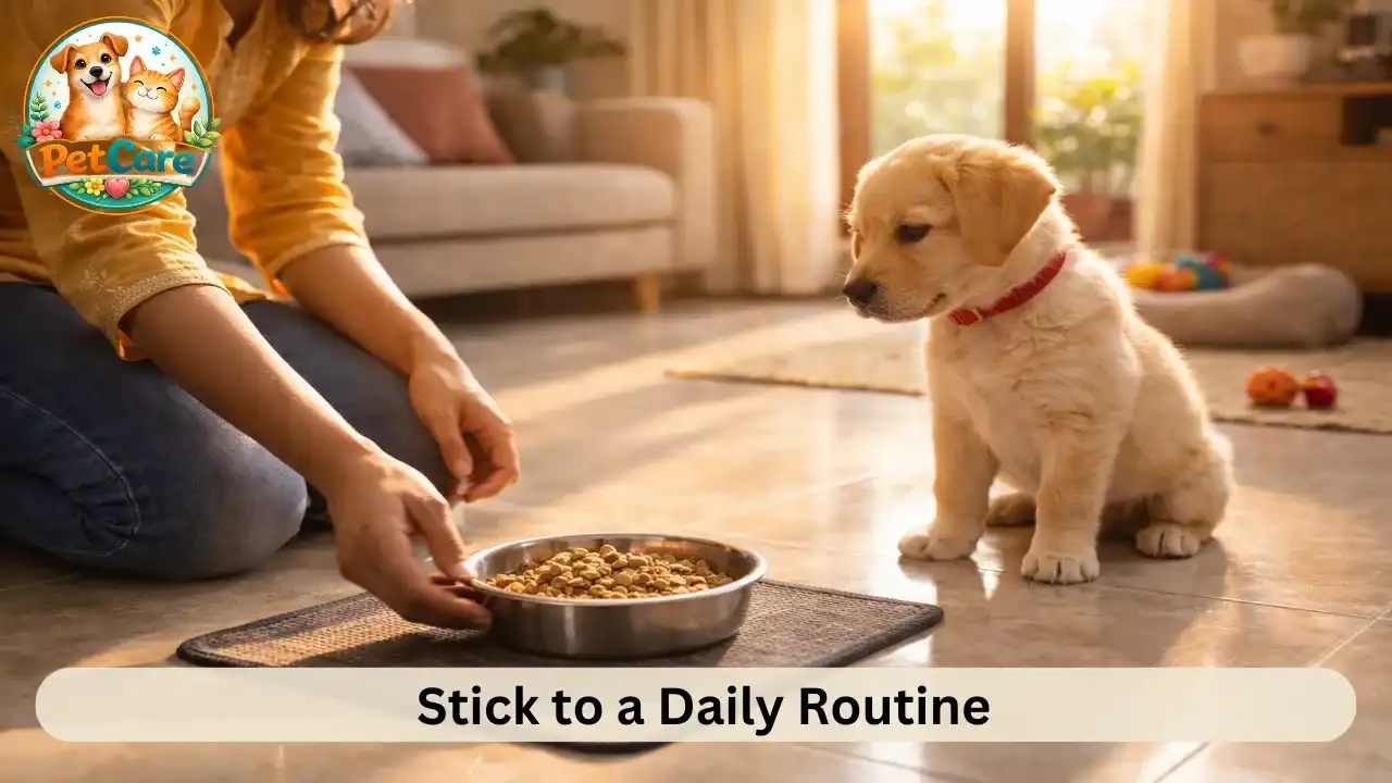 Young dog sitting patiently as owner sets down its meal in a bright home environment.