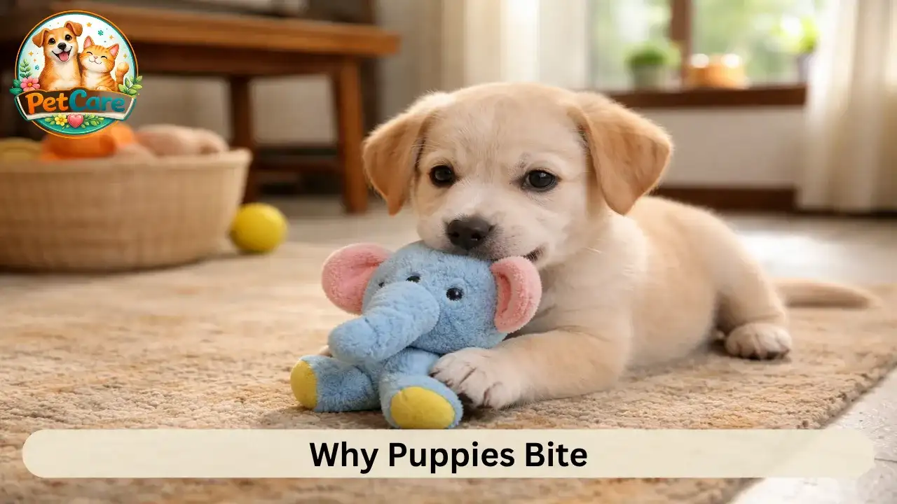Young puppy chewing a soft toy while sitting comfortably on the floor at home