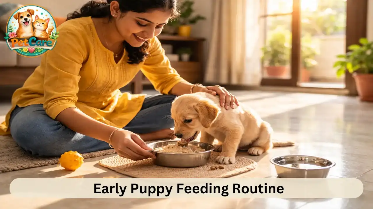 Young puppy eating soft food from a small bowl while owner supervises in a sunlit room.