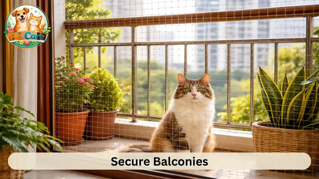 cat sitting near a balcony with safety net installed in a home