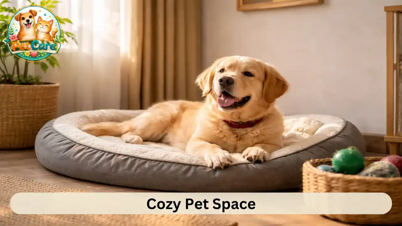 dog resting peacefully on its bed in a quiet corner of the house