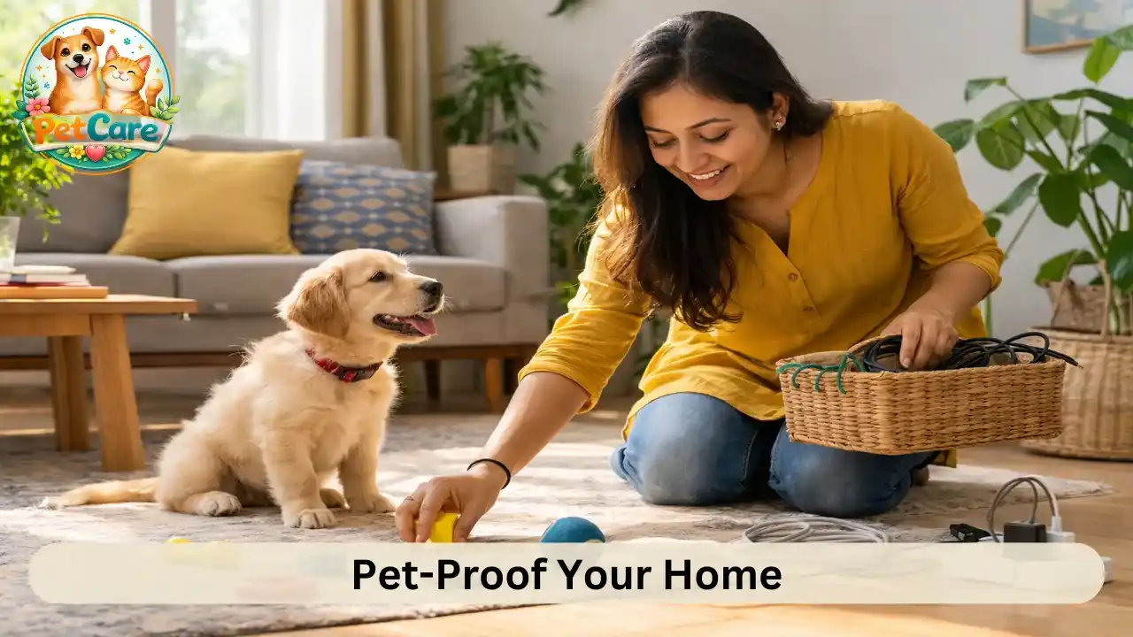 owner making the living area safe by removing small items and organizing cables