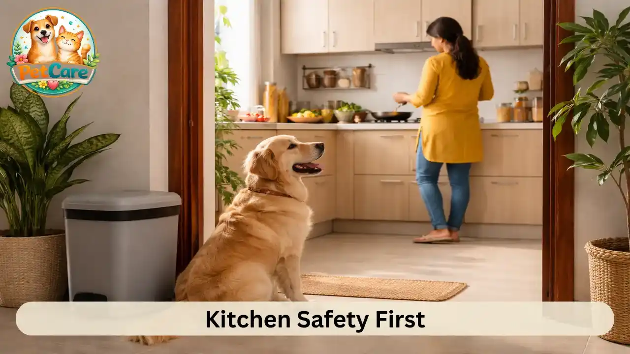 pet dog waiting outside the kitchen while cooking is happening inside