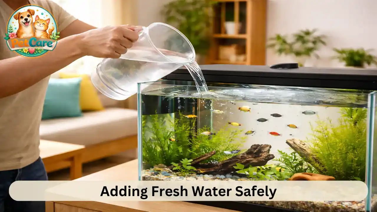 Careful addition of fresh water into a home aquarium during routine cleaning