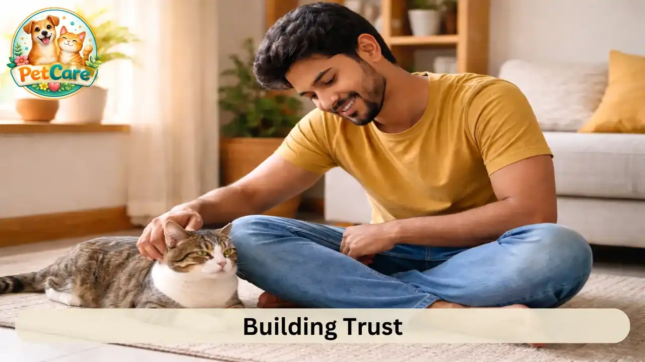 Cat and owner sharing a calm bonding moment indoors with natural sunlight streaming in