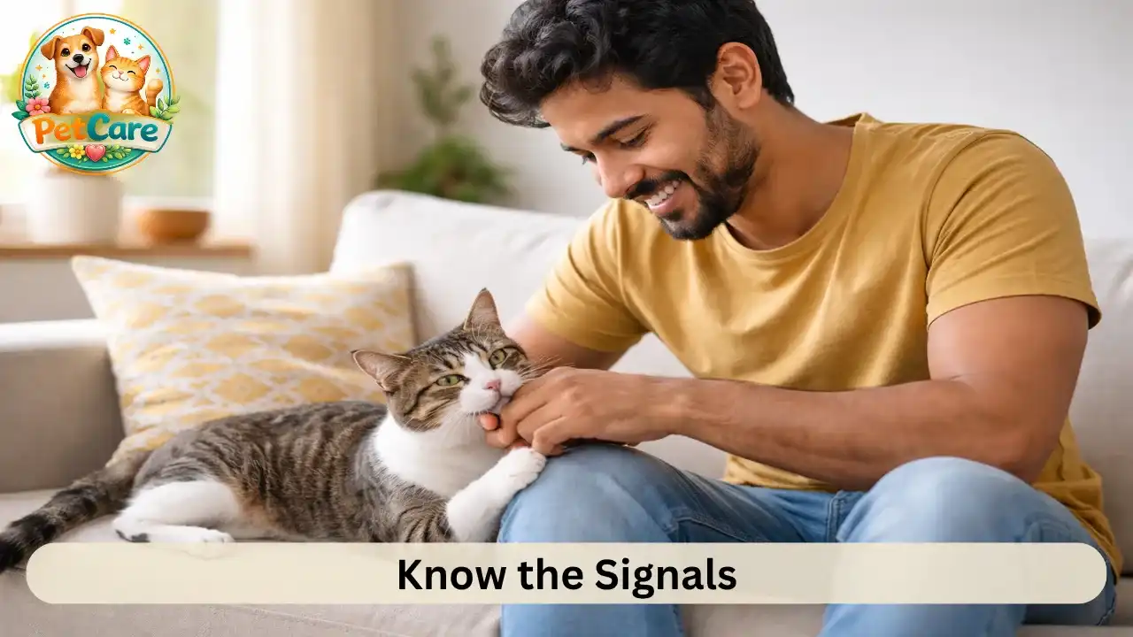 Cat sitting beside its owner while being gently petted in a bright and peaceful home setting