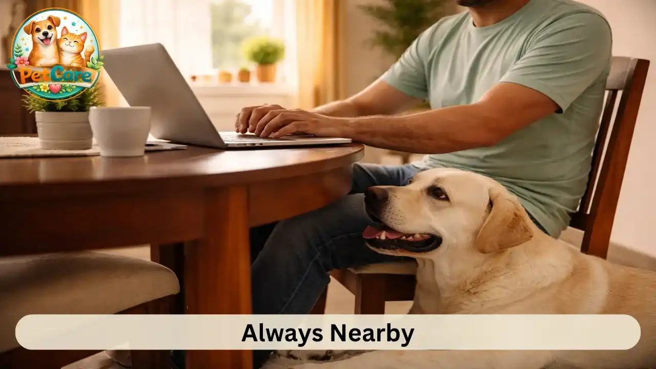 Dog lying beside its owner while they work at home, showing clingy but relaxed behavior.