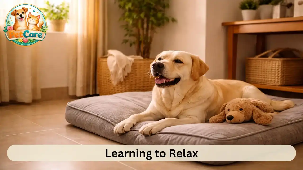 Dog resting calmly on its own bed with a toy in a quiet corner of the house.