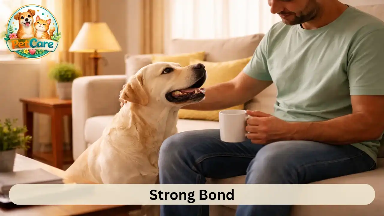 Dog sitting near its owner on a sofa, showing attachment and calm companionship at home.