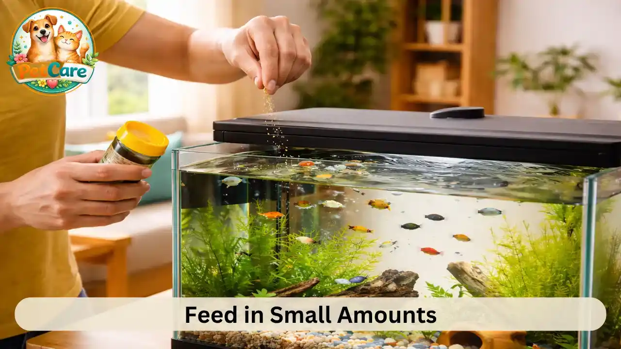 Fish being fed small portions in a clean home aquarium