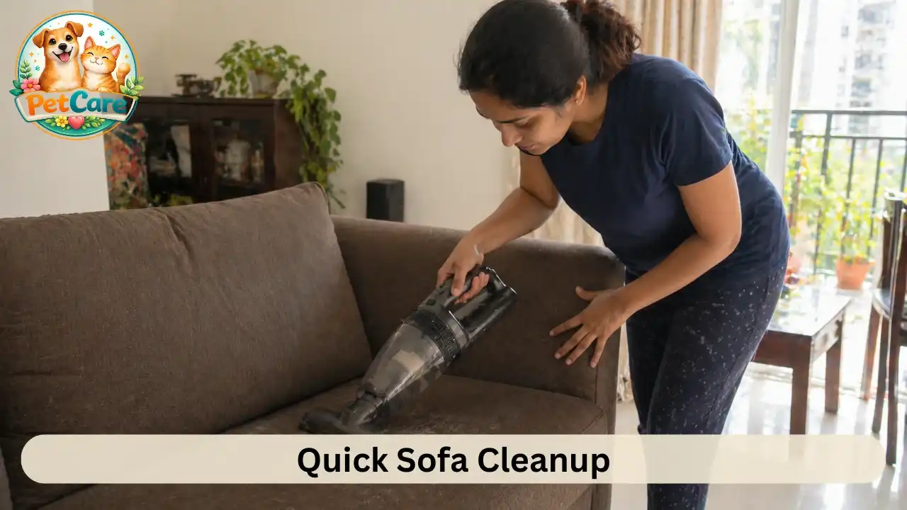 Handheld vacuum being used to clean pet hair from a sofa in a bright living room