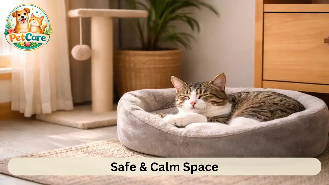 Indoor cat relaxing comfortably in a quiet corner with its bed and scratching post