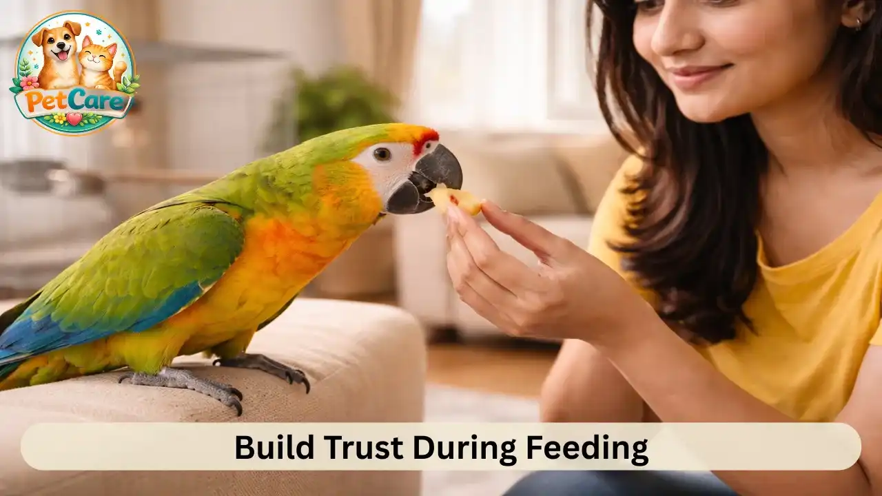 Owner gently offering fresh fruit pieces to a pet parrot at home.