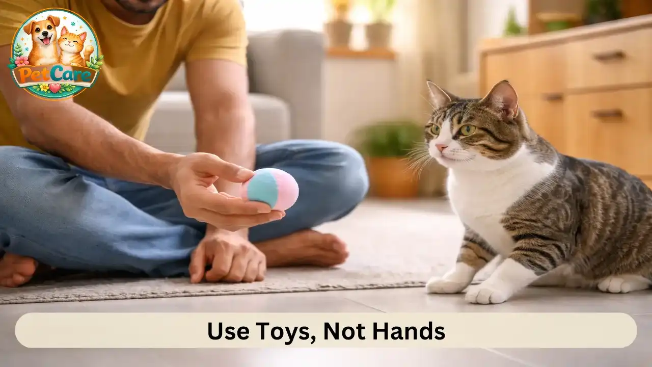 Owner redirecting a playful cat toward a soft toy inside a well-lit home