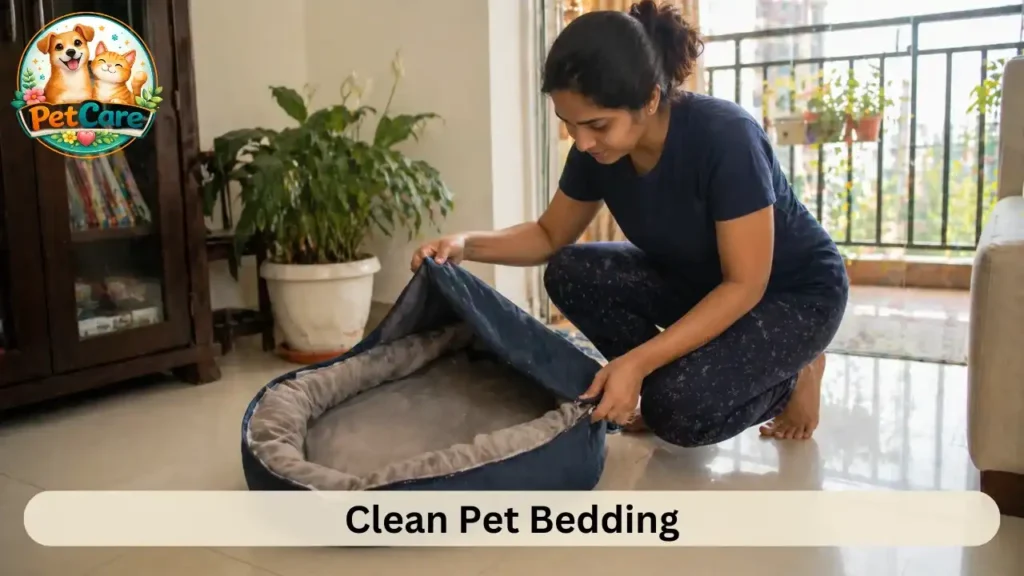 Owner removing a washable cover from a pet bed to keep the sleeping area clean