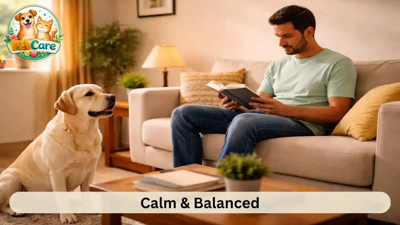 Owner sitting calmly on a sofa while their dog waits patiently nearby in a relaxed home setting.
