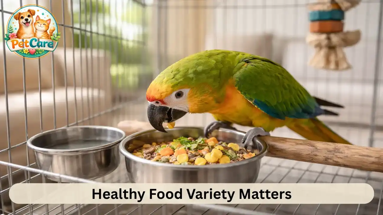 Parrot eating a mix of seeds and fresh vegetables from a clean food bowl at home.