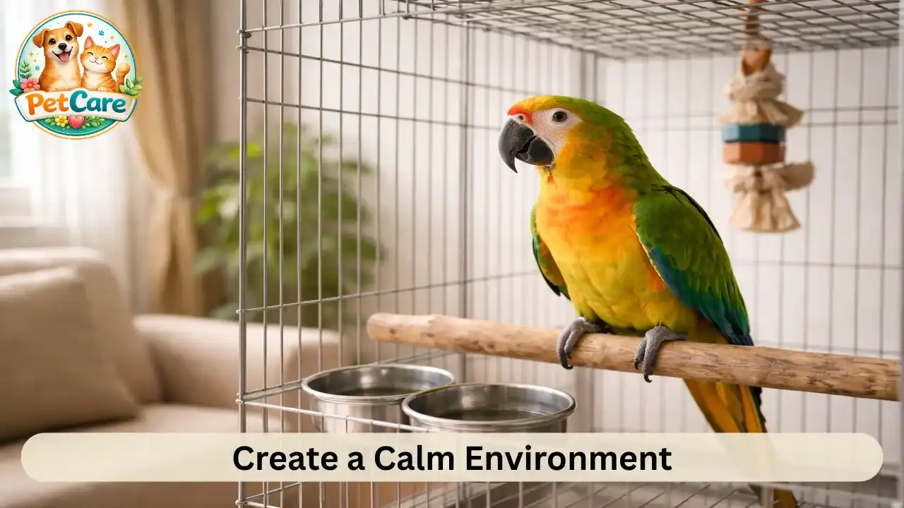 Parrot resting peacefully on a perch in a quiet corner of a home.