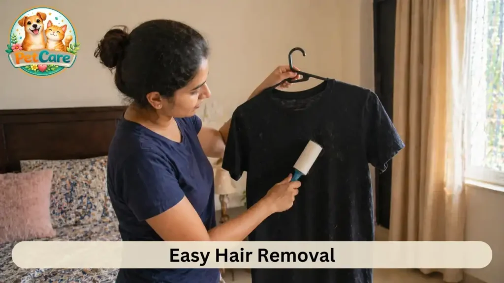 Person using a lint roller to remove pet hair from clothing in a home setting
