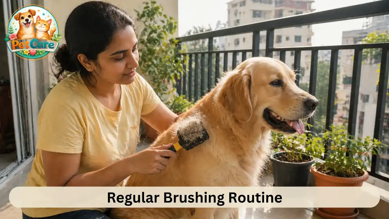Pet owner brushing their dog outdoors on a balcony to remove loose fur during a grooming session