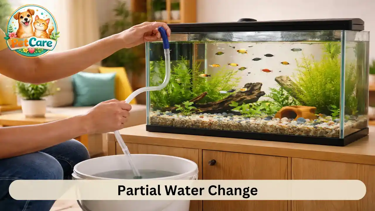 Pet owner performing a partial water change in a home fish tank