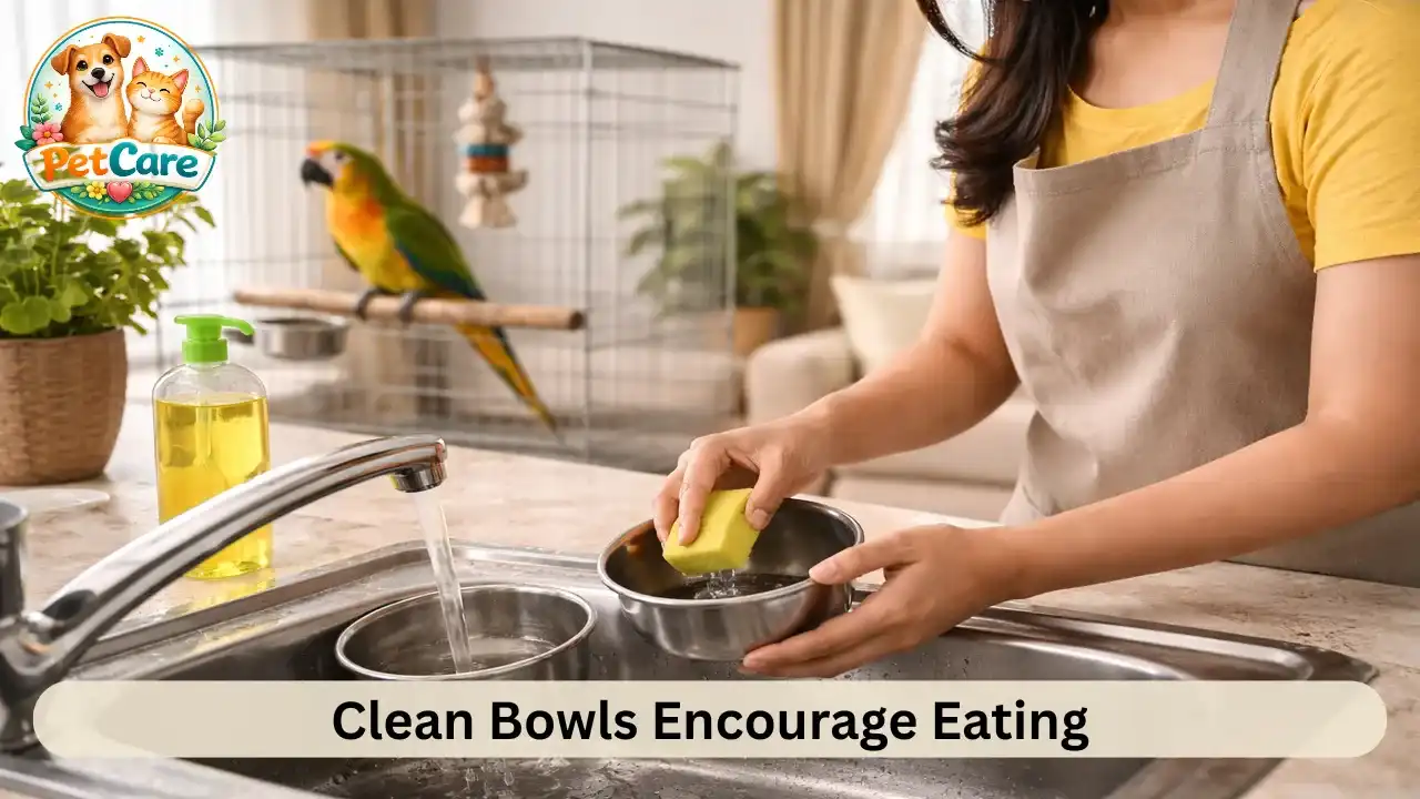 Pet owner washing parrot food and water bowls in a home kitchen.