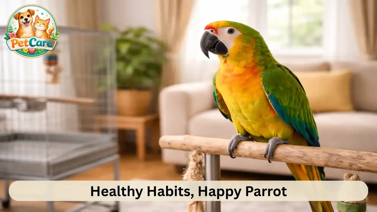 Well-cared pet parrot perched comfortably inside a bright home environment.