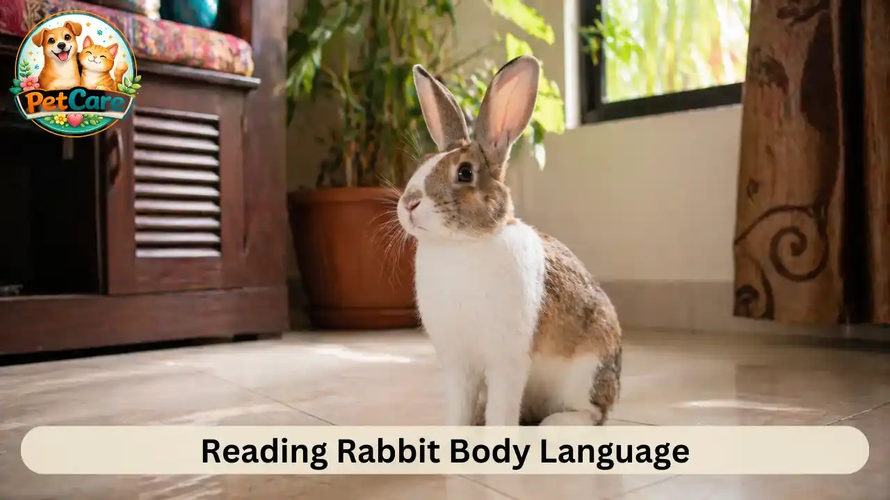 Close view of a rabbit sitting upright with ears raised, showing alert body language indoors.