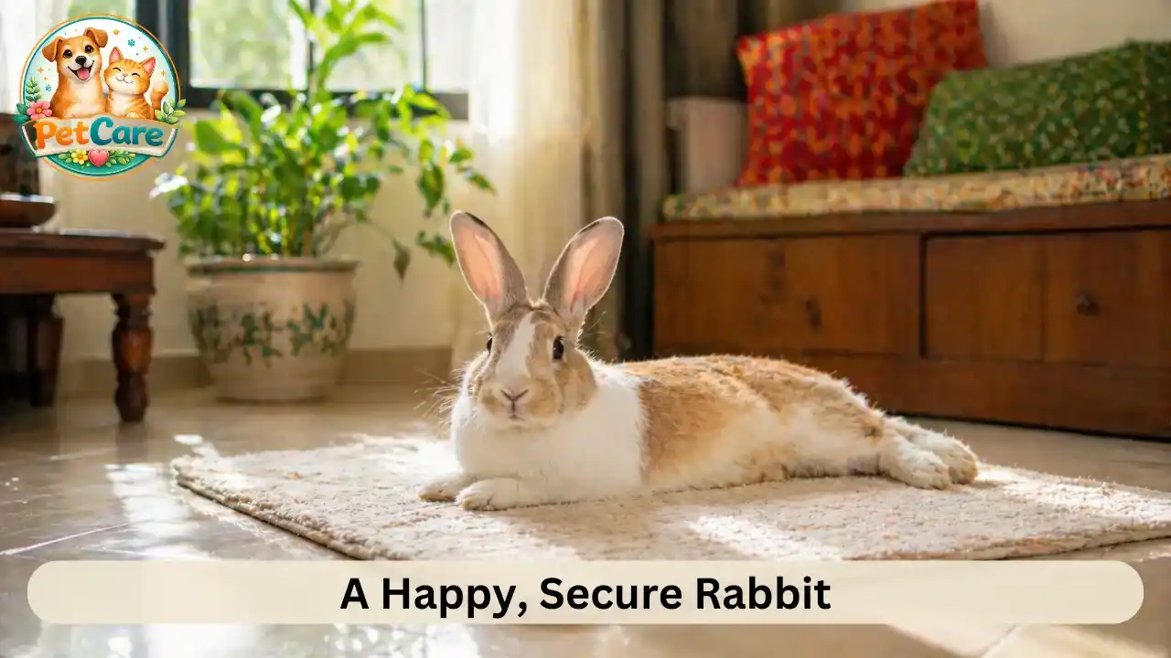 Healthy pet rabbit resting comfortably on a mat in a bright and peaceful home environment.