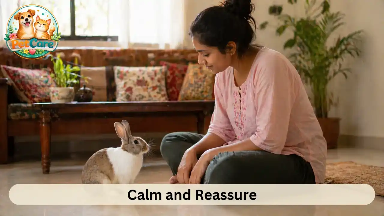 Pet owner sitting quietly beside their rabbit to create a calm and safe atmosphere at home.