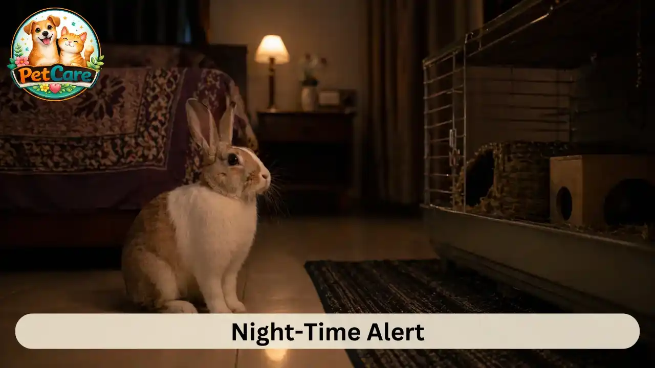 Rabbit sitting alert in a softly lit room during nighttime inside a family home.