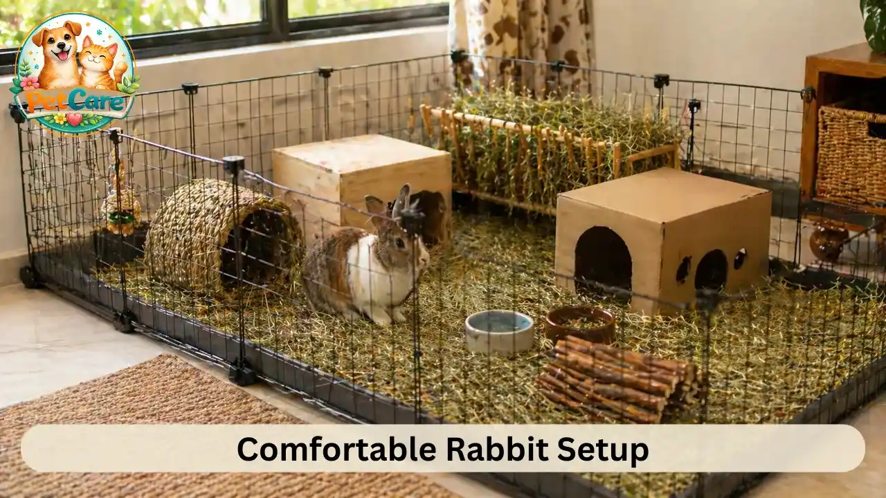 Spacious indoor rabbit enclosure with hay, toys, and a hideout box in a tidy home corner.